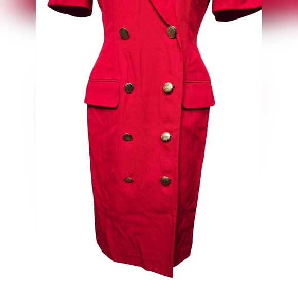 Kasper For A.S.L Petite Red Vintage Military Padded Gold Button Down Dress 4P - Picture 3 of 12